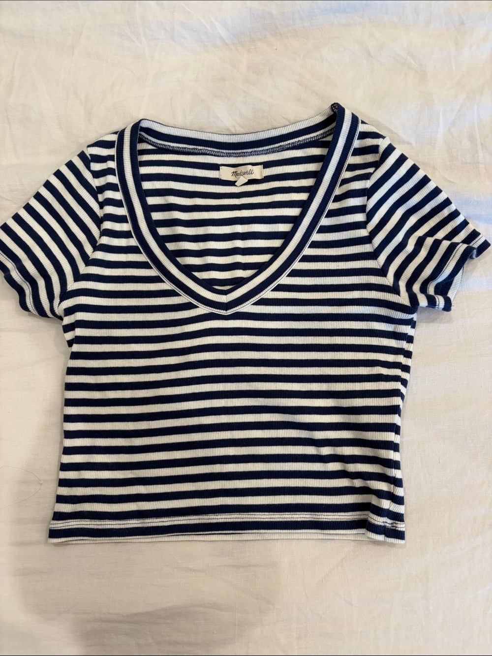 Madewell Navy and White Striped V-Neck Short Sleeve Tee